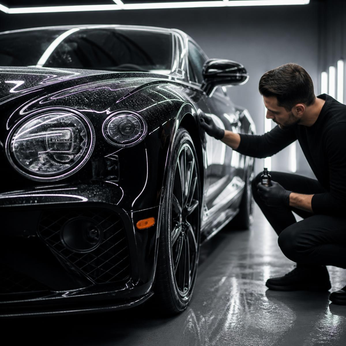 Professional mobile auto detailing on a luxury black vehicle